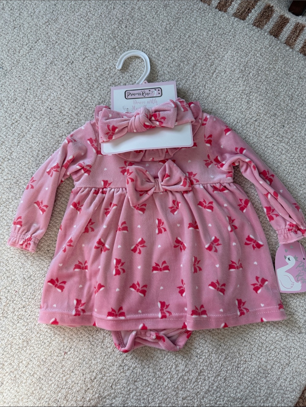 Pink Bow Print Baby Dress & Headband